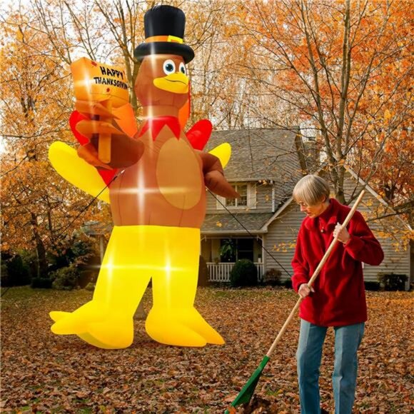 12FT Inflatable Turkey, LED Lighted Turkey Holding Happy Thanksgiving Sign - Picture 7 of 8